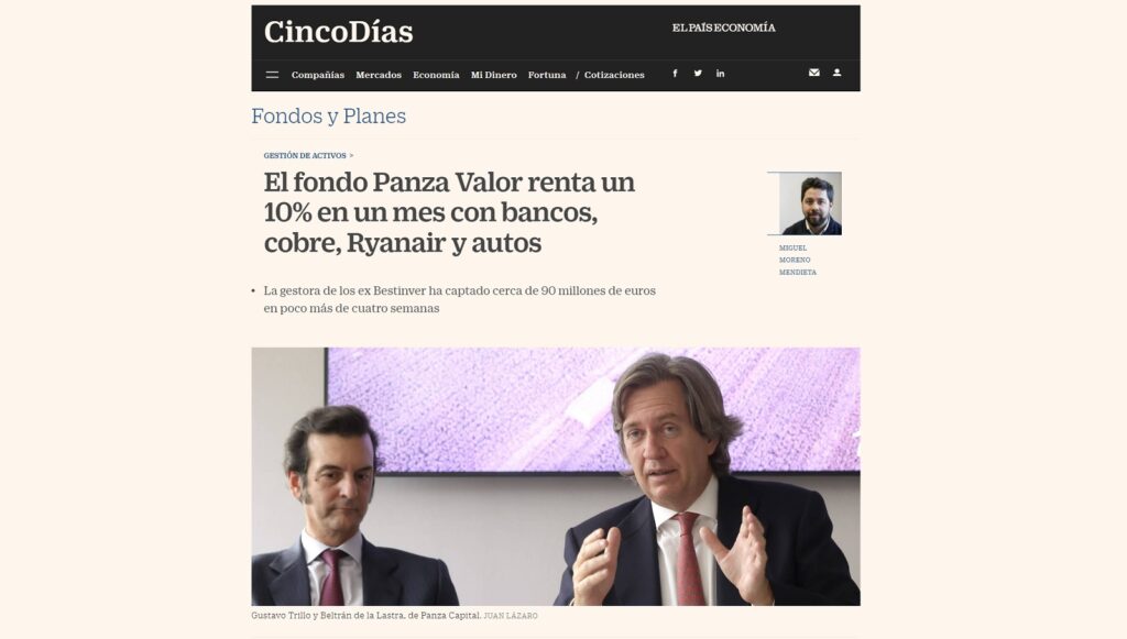 El fondo Panza Valor renta un 10% en un mes con bancos, cobre, Ryanair y autos