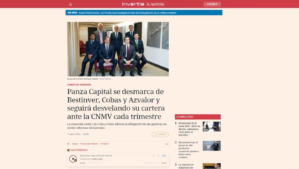 Panza Capital se desmarca de Bestinver, Cobas y Azvalor y seguirá desvelando su cartera ante la CNMV cada trimestre